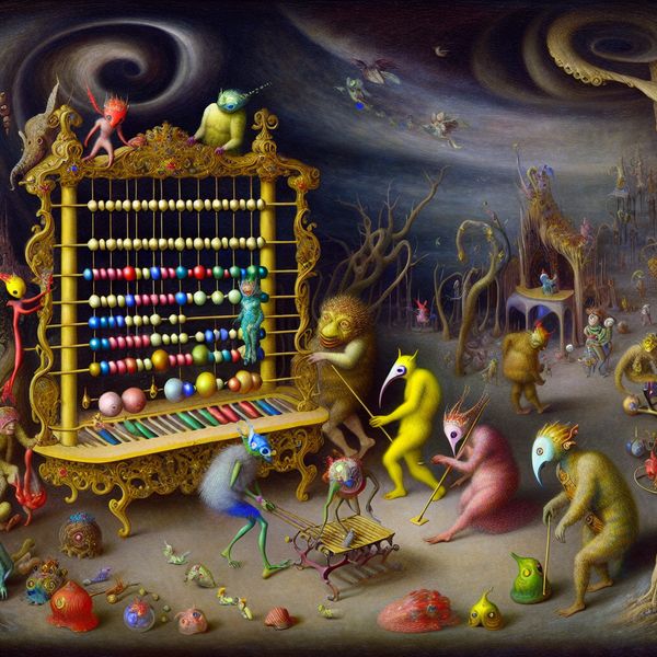 Surrealistisch tafereel van wezens rond een abacus Een surrealistisch tafereel met verschillende fantasiewezens die om een grote abacus verzamelen, terwijl ze kleurrijke objecten toevoegen onder een donkere, draaiende lucht.