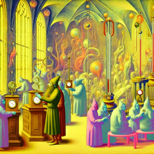 Surreal scene with bizarre creatures in a fantastical room examining thermometers and adjusting heating controls, illustrating the concept of de hoeveelheid warmte meten.
