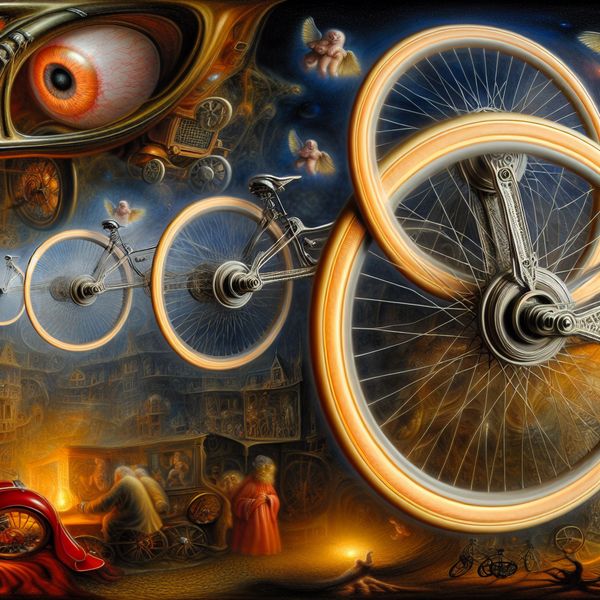 Surrealistische wielen van voertuigen en fietsen in droomlandschap Surrealistisch tafereel in de stijl van Hieronymus Bosch met zwevende, gedeeltelijk gedemonteerde fiets en auto, waarbij de wielen centraal staan als symbolen van beweging en reizen