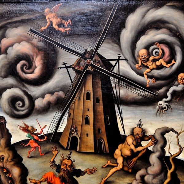Surrealistische windmolen in een storm Surrealistische afbeelding van een molen met wieken die wild draaien in een storm, omgeven door vreemde wezens.