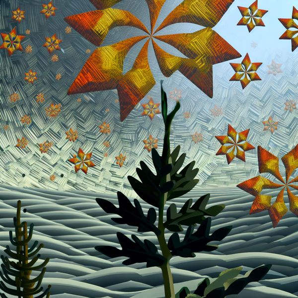 Een surrealistisch beeld van een plant die zijn bladeren verliest in de winter, met bladeren die zweven in geometrische patronen.