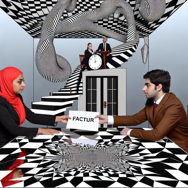 Surrealistische zakelijke transactie illustratie Surrealistische afbeelding van een zakelijke afspraak met twee karakters die een document met de tekst 'Factuur' overhandigen, omringd door geometrische patronen.