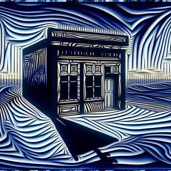 Surrealistische afbeelding van een strijdende kleine onderneming in crisis Een surrealistisch tafereel van een kleine winkel die onder water zakt tijdens een crisis, met geometrische golven rondom.