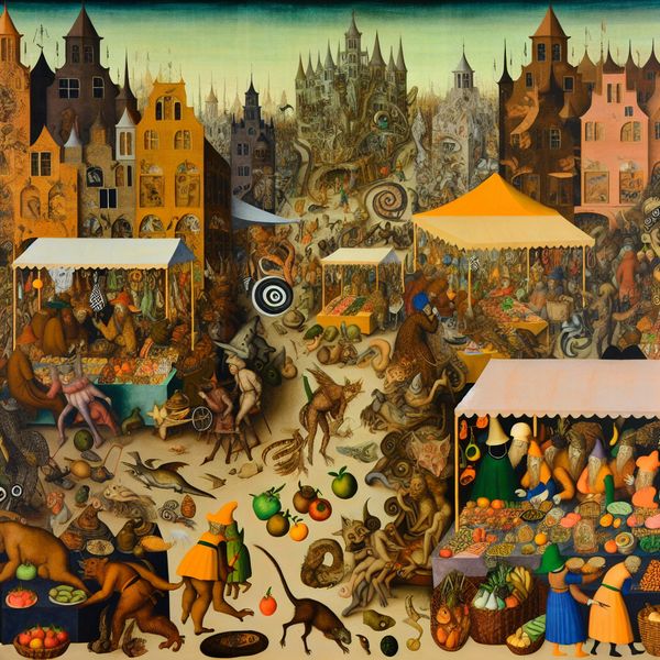 Surrealistische marktscène in de stijl van Jheronimus Bosch met bizarre wezens en levendige handel op zaterdag onder een dromerige hemel