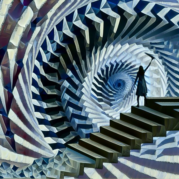Surrealistische geometrische afbeelding van een persoon op de rand van een spiraaltrap, die in de afgrond kijkt en worstelt met emoties.
