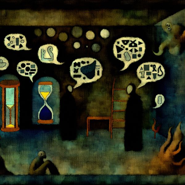 Surrealistische Zicht op Zinloze Gesprekken Een surrealistische afbeelding van een donkere kamer met twee schaduwachtige figuren die communiceren, omringd door zwevende spraakballonnen vol onsamenhangende symbolen, met bizarre wezens op de achtergrond.