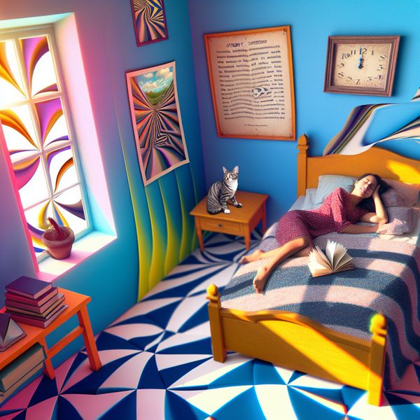 Surreële studentenervaring tijdens een luie weekendmorgen Surrealistisch tafereel van een student die lui in bed ligt op een weekendmorgen, omringd door geometrische vormen.