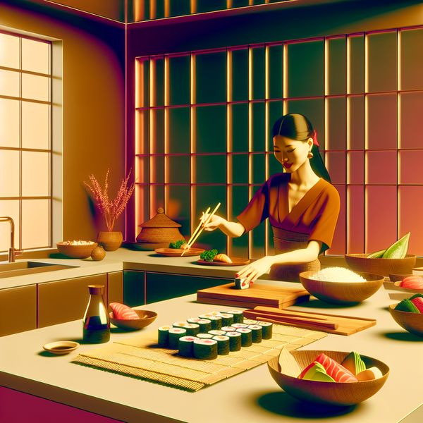 Persoon bereidt sushi in een moderne retro-futuristische keuken met verse ingrediënten zoals avocado, komkommer en zalm op het aanrecht