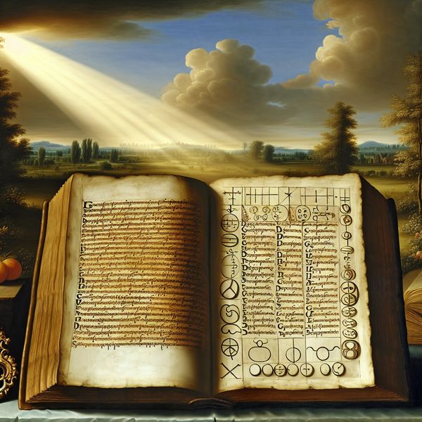 Symbolen verklaren met sleutel tot begrip in historische Nederlandse schilderkunst 17e-eeuws schilderij van een open oud boek met symbolen en hun verklaringen, met een grote sleutel als symbool voor begrip in een zonovergoten bibliotheek