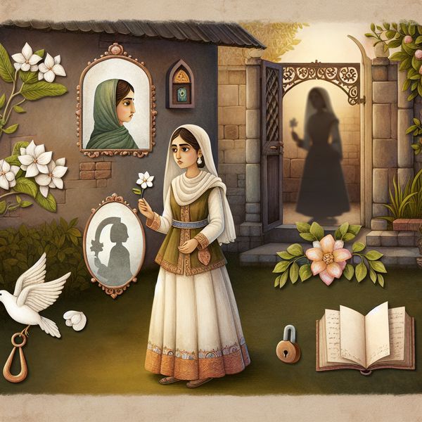 Symboliek van eer en kuisheid in traditionele cultuur: nostalgische voorstelling Jonge vrouw in traditionele kleding met witte bloem in nostalgische tuin, symboliserend eer en kuisheid volgens traditionele normen