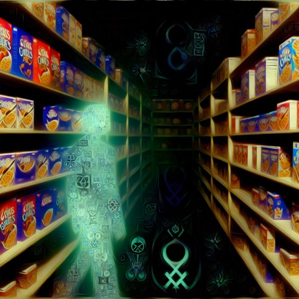 Symbolisch ontbijtgranen assortiment met gothic ontwerp en ruime keuze Mysterieus ontbijtgranenassortiment in een gotische supermarktgang met een spookachtige figuur die een keuze maakt uit een ruime selectie ontbijtgranen