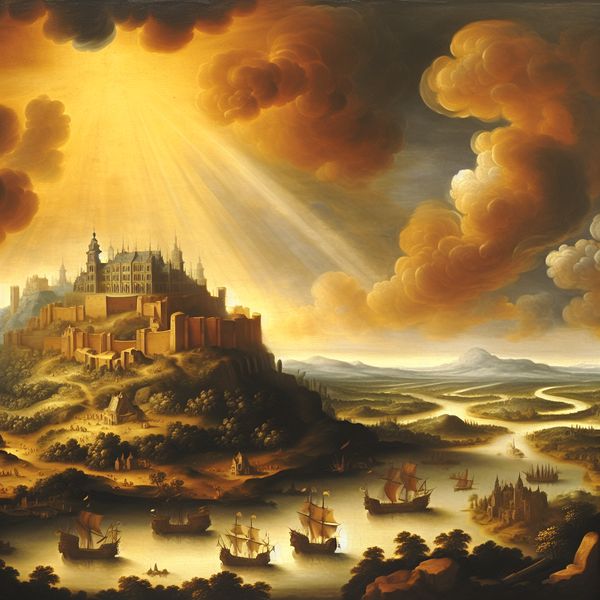 Macht en invloed in internationale politiek: symbolisch landschap van een dominante staat Symbolisch landschap in de stijl van Jacob van Ruisdael met een machtige vesting op een heuvel, omringd door rivieren, schepen en verre landen, als metafoor voor een invloedrijke staat of organisatie
