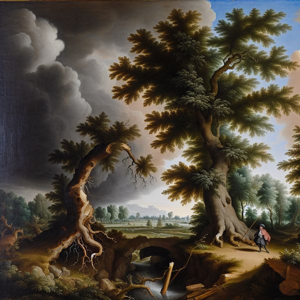17e-eeuws Hollands landschap met eenzame figuur bij een gespleten boom, symboliserend een moeilijke situatie zoals pesten op school