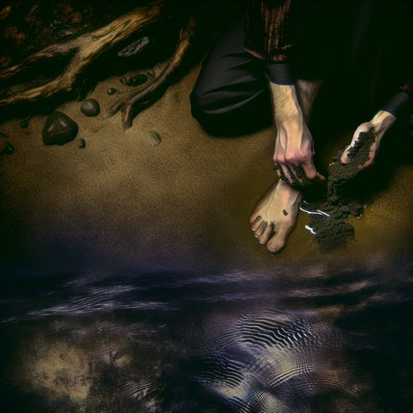 Symbolische illustratie van voeten die in donker water schoongemaakt worden, met zand dat wegspoelt in een mystieke sfeer