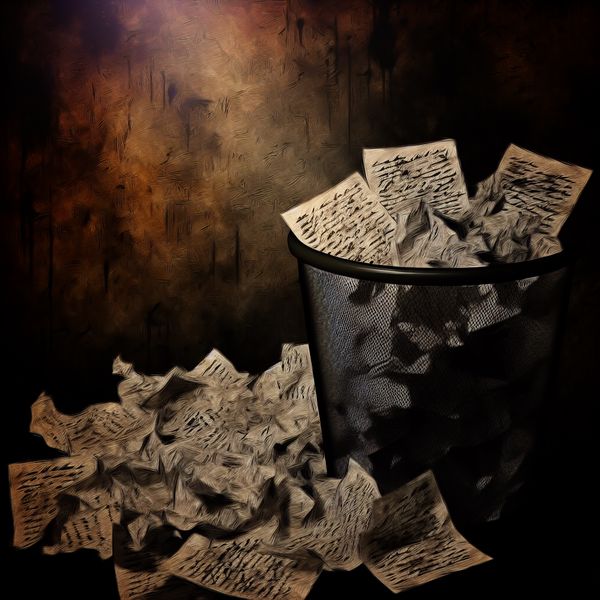 Symbolische voorstelling van slecht geschreven tekst of onbelangrijk schrijfsel Crumpled papier met onleesbare inktvlekken en chaotische krabbels in een overvolle prullenbak, symbolisch voor slordig of onbelangrijk schrijfsel