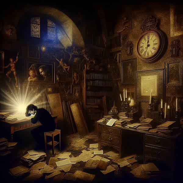Uitgeputte jongeman aan bureau met boeken en klok die middernacht aangeeft, symbolisch voor het einde van een inspannende periode in een donkere, gotische studeerkamer