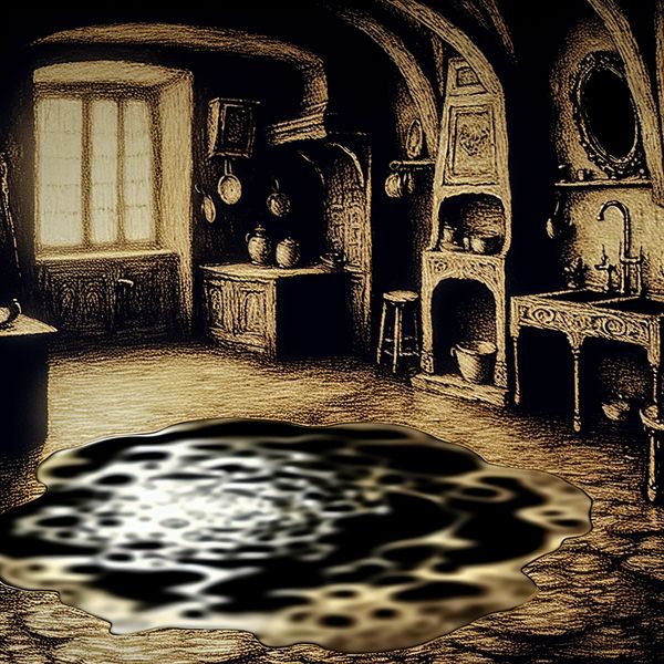 Gothische keukenscène met een mysterieuze plas vocht op de vloer, reflecterend in het schemerlicht, symbolisch voor de betekenis van 'vocht' in vaste uitdrukkingen