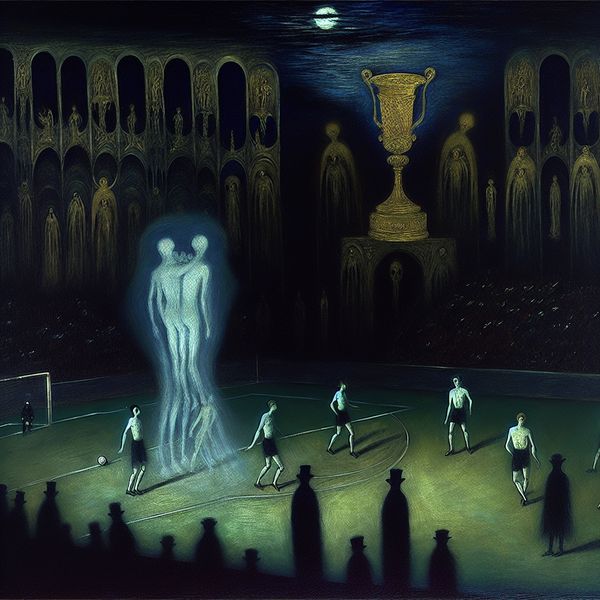 Voetbalvoordeel in symbolische scène met gotische sfeer en spooktrofée Symbolische voorstelling van een voetbalwedstrijd waarbij het ene team een duidelijk voordeel heeft, met een spookachtige trofee boven hun hoofden in een donkere, gotische stijl