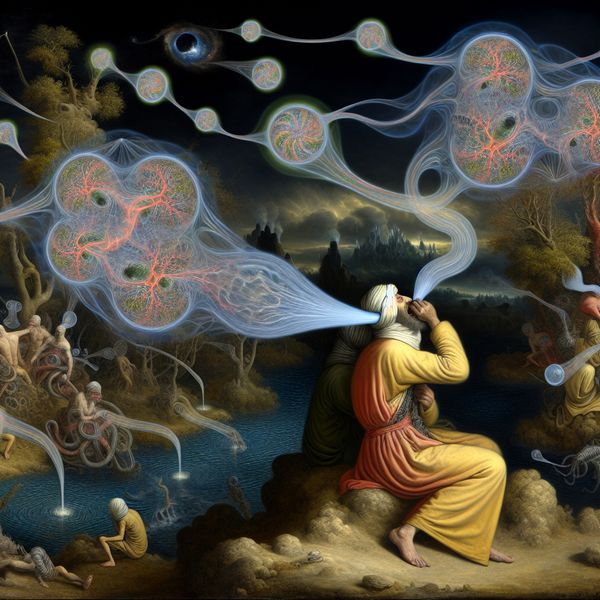 Symbolische voorstelling van ademhaling en levenskracht in surrealistische kunst Surrealistisch tafereel van een persoon die ademhaalt op een rots bij een donkere rivier, omringd door hybride wezens die het ritme van in- en uitademen nabootsen, in de stijl van Hieronymus Bosch