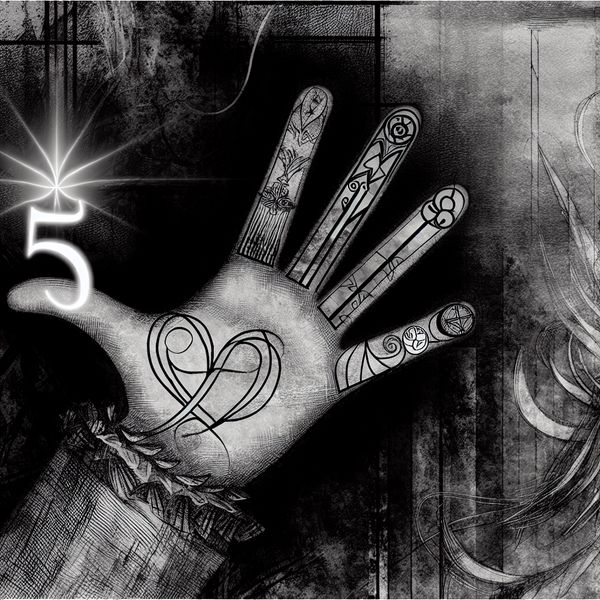 Symbolische Hand met Vijf Vingers in Gotische Landschap Een gedetailleerde illustratie van een hand met vijf vingers, elk versierd met symbolen van verschillende culturen, gelegen in een mysterieuze, gotische omgeving.