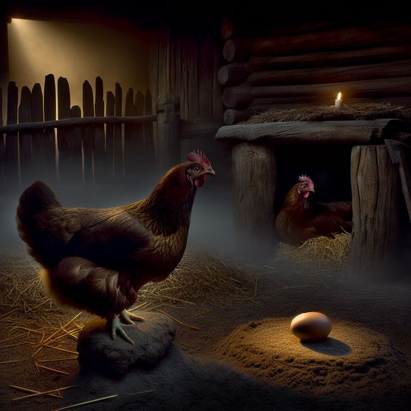 Gedetailleerde illustratie van een trotse hen in een houten kippenhok met een vers gelegd ei, in een mystieke boerderijomgeving bij zonsopgang