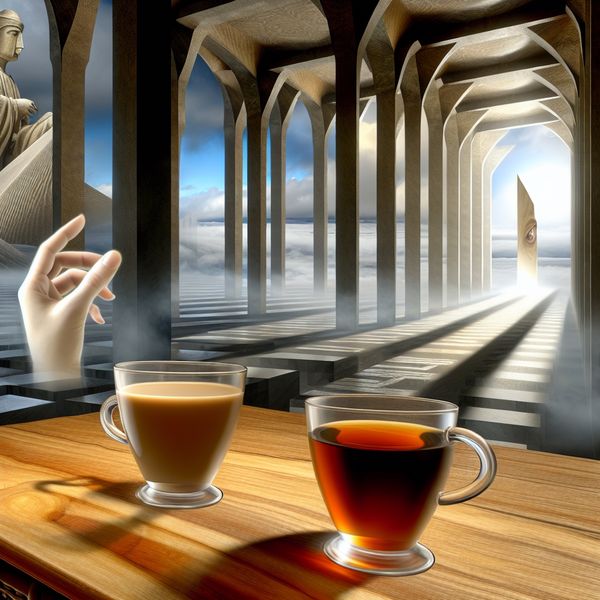 Surrealistisch tafereel met twee kopjes koffie en thee, een spookachtige hand die een keuze symboliseert tussen opties, in een monumentale architectonische ruimte