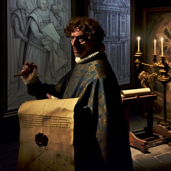 Symbolische voorstelling van een opdracht in gotische stijl met artistieke en organisatorische details Mysterieuze figuur in gotische setting houdt perkament met waszegel vast, omringd door artistieke en organisatorische elementen die een complexe opdracht symboliseren