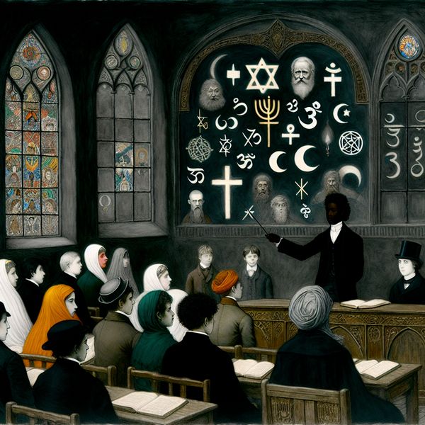 Symbolische religiestudieles in een gotische klas met leerlingen in 19e-eeuwse kleding, docent die wereldreligies uitlegt aan de hand van een schoolbord met religieuze symbolen zoals kruis, Davidster en halve maan
