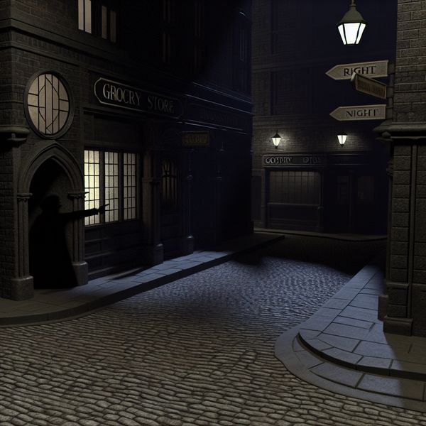 Symbolische richtingaanwijzer naar rechts in donkere straat met supermarkt Schaduwrijke straatscène met een figuur die naar rechts wijst, richting een subtiel verlichte supermarkt aan de rechterkant, in een mysterieuze gothic sfeer