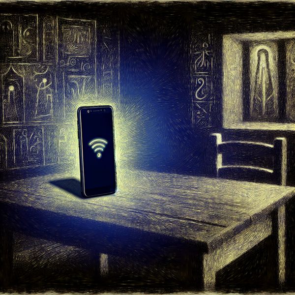 Moderne smartphone op houten keukentafel met mysterieuze sfeer en subtiele gothic elementen, symboliseert dagelijkse communicatie en afhankelijkheid