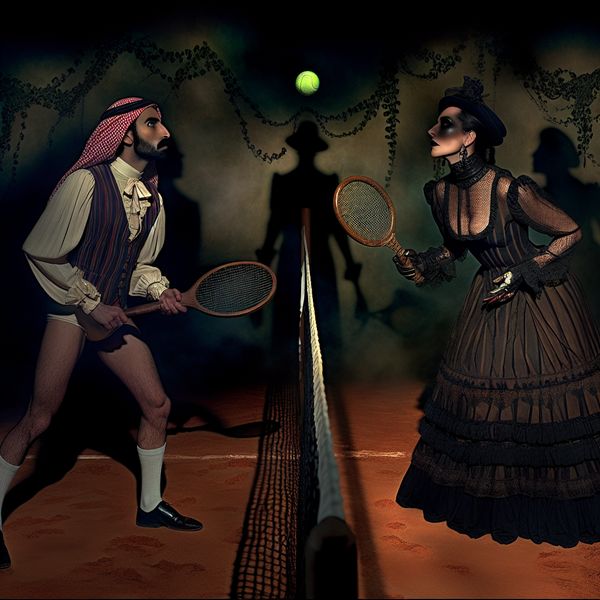 Symbolische tenniswedstrijd: Victoriaanse balsport met gotische sfeer en antieke rackets Donkere, symbolische tenniswedstrijd in Victoriaanse stijl met gotische details en mysterieuze sfeer, geïnspireerd door Félicien Rops