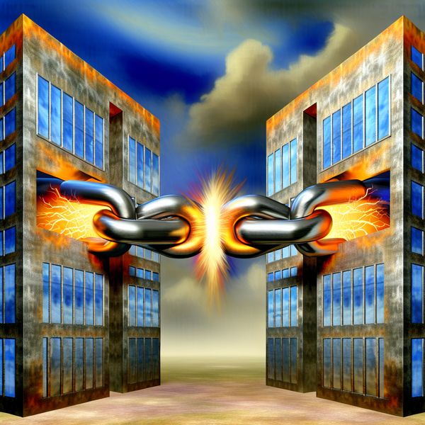 Twee monumentale metalen gebouwen verbonden door gloeiende stalen banden, met twee handen die elkaar vastgrijpen als symbool van samenwerking en eenheid in een surrealistische stijl