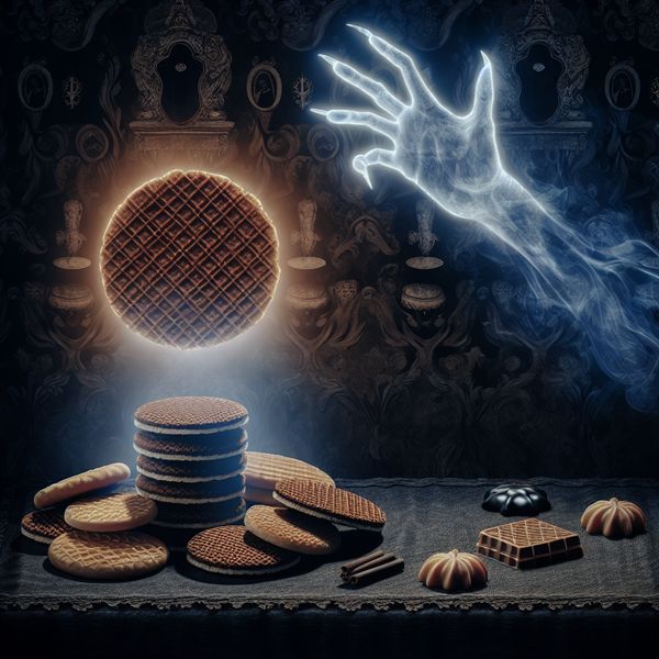 Symbolische voorstelling van een favoriet object, een gloeiende stroopwafel op een voetstuk omringd door donkere koekjes, met een spookachtige hand die ernaar reikt in een gotische stijl