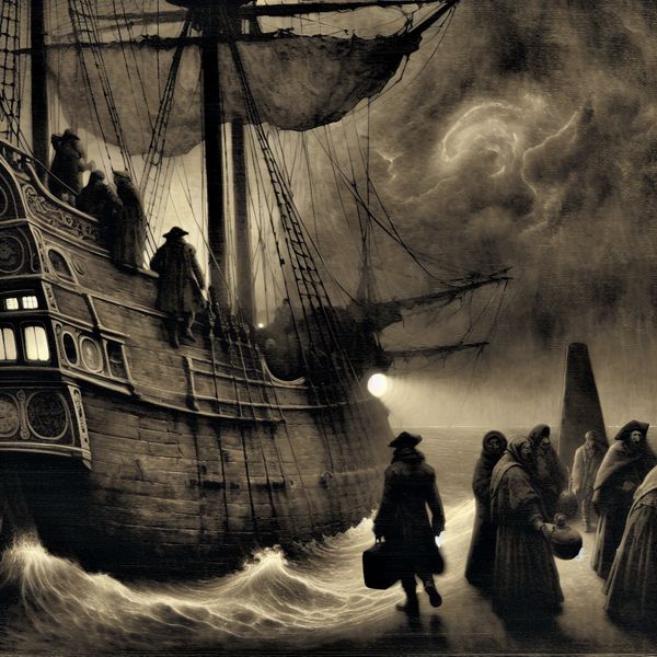 Symbolische voorstelling van varen: zeelieden beginnen een reis over de woeste zee Grote zeilboot bij zonsondergang met vermoeide maar vastberaden zeelieden die aan boord gaan voor een gevaarlijke reis over de oceaan