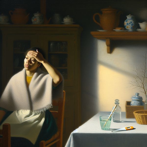 Symptomen van Koorts in Een Rustige Binnenomgeving Een jonge vrouw met koorts op een houten stoel, een thermometer en een glas water naast zich, verlicht door diffuus licht.