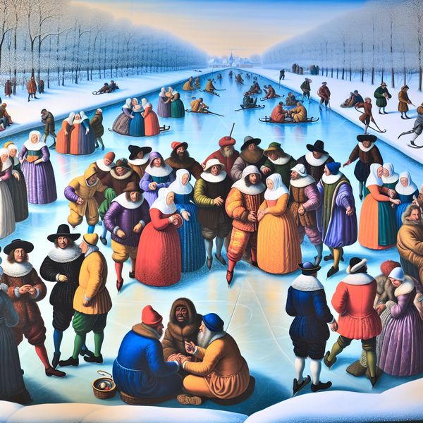 17e-eeuwse onderhandeling op een bevroren kanaal in winterse setting, met vermoeide figuren in historische kleding die een taai gesprek voeren