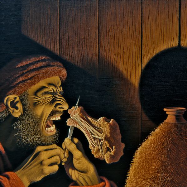Persoon worstelt met het kauwen van taai, vezelig vlees in een schilderij met Rembrandt-stijl belichting
