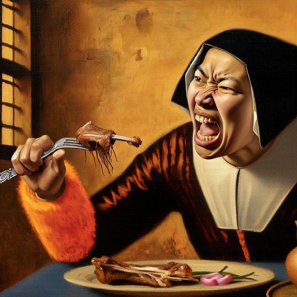 Expressieve persoon aan tafel worstelt met taai stuk vlees tijdens het eten, geschilderd in levendige penseelstreken