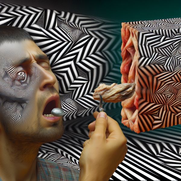 Taai voedsel illustratie: moeilijk te kauwen vlees in Escher-stijl Surrealistische close-up van een persoon die moeizaam taai vlees kauwt, met elastische structuur en onmogelijke patronen in de stijl van M.C. Escher
