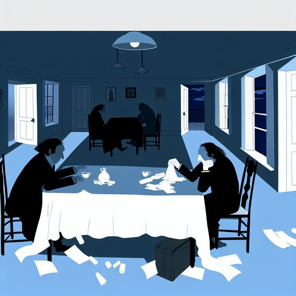 Taaie situatie illustratie: langdurige onderhandeling met uitputting en stress Minimalistische illustratie van twee uitgeputte personen aan een tafel met papieren en koffiekopjes, symboliserend een taaie onderhandelingssituatie