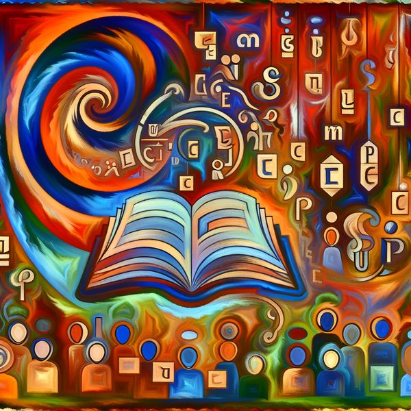 Een levendige afbeelding van een klaslokaal met een geopend boek vol letters en woorden, omgeven door enthousiaste studenten.