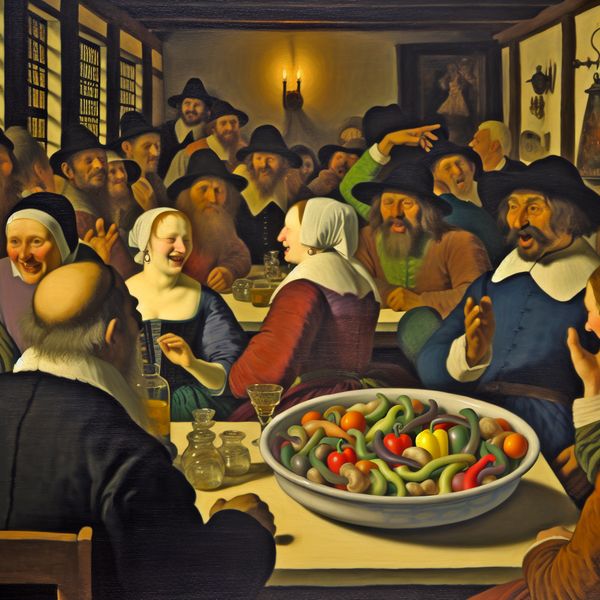 Een kleurrijke dinertafel met een schotel vol fletse groenten die er smakeloos uitziet, en mensen op de achtergrond met een uitdrukking van onverschilligheid.