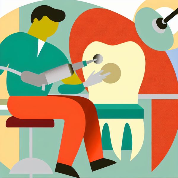 Een tandarts gebruikt een boor in een kleurrijke kliniek om de rand van een grote tand te rond maken, met de nadruk op de cirkelvormige beweging.