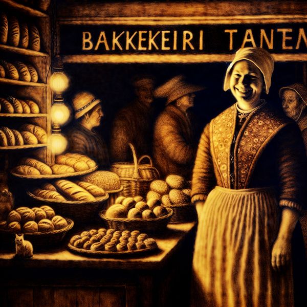Tante Sjaan - Traditionele Nederlandse winkelierster in historische bakkerij Illustratie van Tante Sjaan, een vriendelijke maar mysterieuze vrouw achter de toonbank van een 19e-eeuwse Nederlandse bakkerij, met vers brood en gebak op de achtergrond