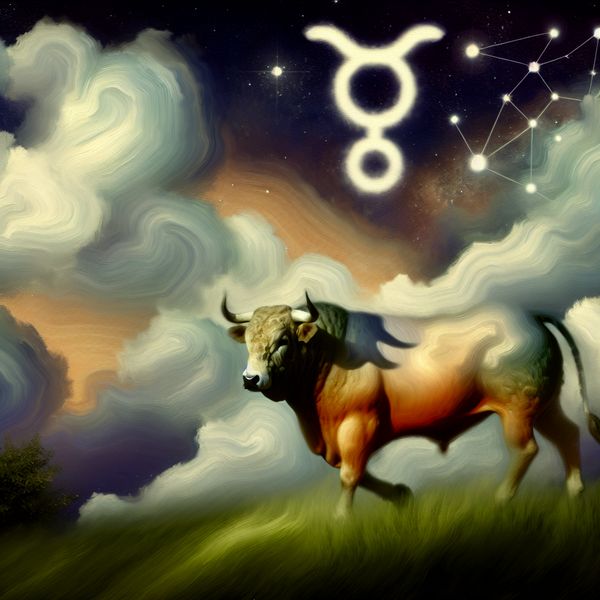 Stier in de Astrologie - Betrouwbaarheid en Stabiliteit Een majestueuze stier op een groene heuvel onder een sterry hemel, symbool voor betrouwbaarheid en stabiliteit in de astrologie.