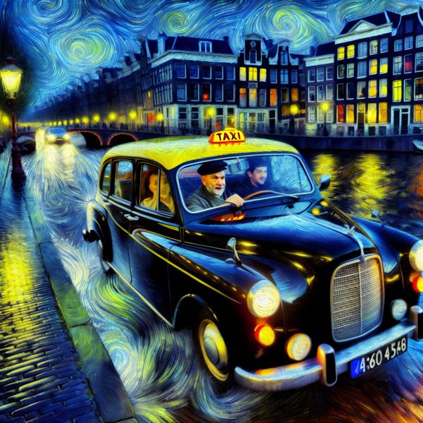 Taxichauffeur in Amsterdam: levendige stadsscène in Van Gogh-stijl Taxichauffeur in een klassieke gele taxi rijdt door een levendige Amsterdamse straat bij schemering, geschilderd in de stijl van Van Gogh