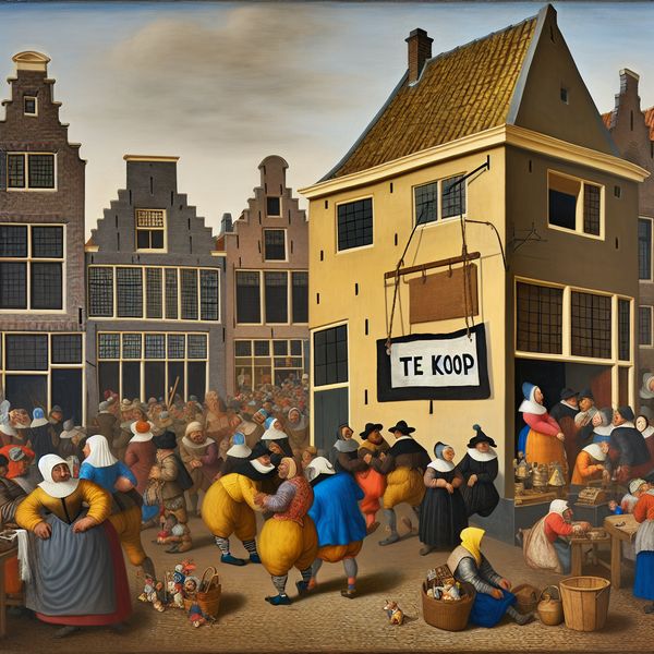 Te Koop bord aan hoekhuis op Nederlandse marktscène - Jan Steen stijl Levendige Nederlandse straatmarkt met een opvallend 'Te Koop' bord aan een hoekhuis in de stijl van Jan Steen