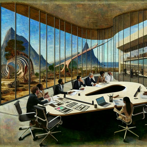Een diverse groep professionals in een hyper-realistische vergadering rond een modern conferentietafel.