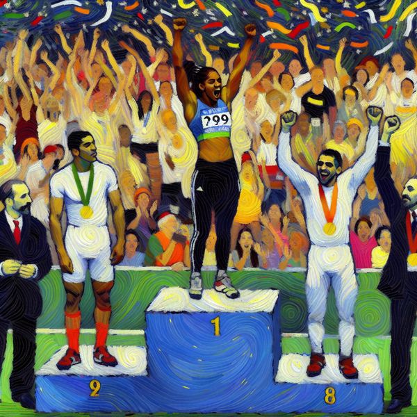 Triomfantelijke viering op het sportpodium Een team viert op een podium, met een lid triomfantelijk op de tweede trede, omringd door een juichende menigte en vallende confetti.