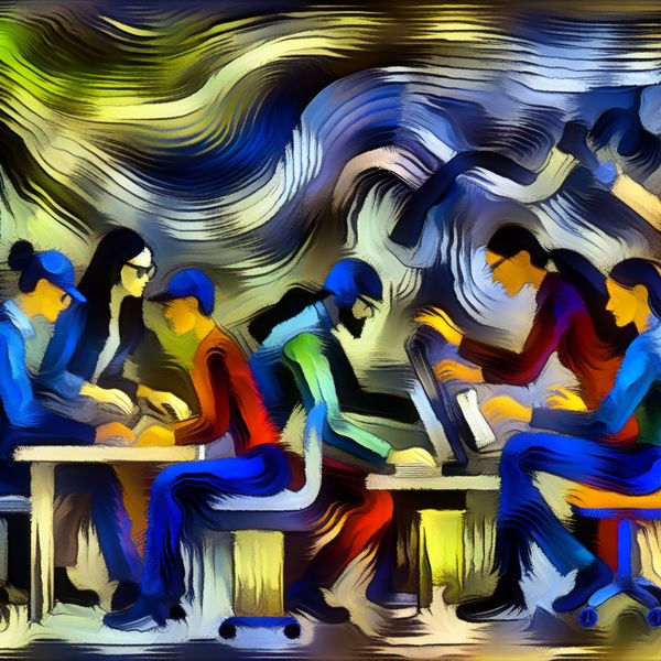 Teamwerk en samenwerking in moderne kantooromgeving - abstracte illustratie Abstract expressionistische illustratie van vijf diverse collega's die intensief samenwerken in een moderne kantooromgeving, met dynamische penseelstreken en levendige kleuren